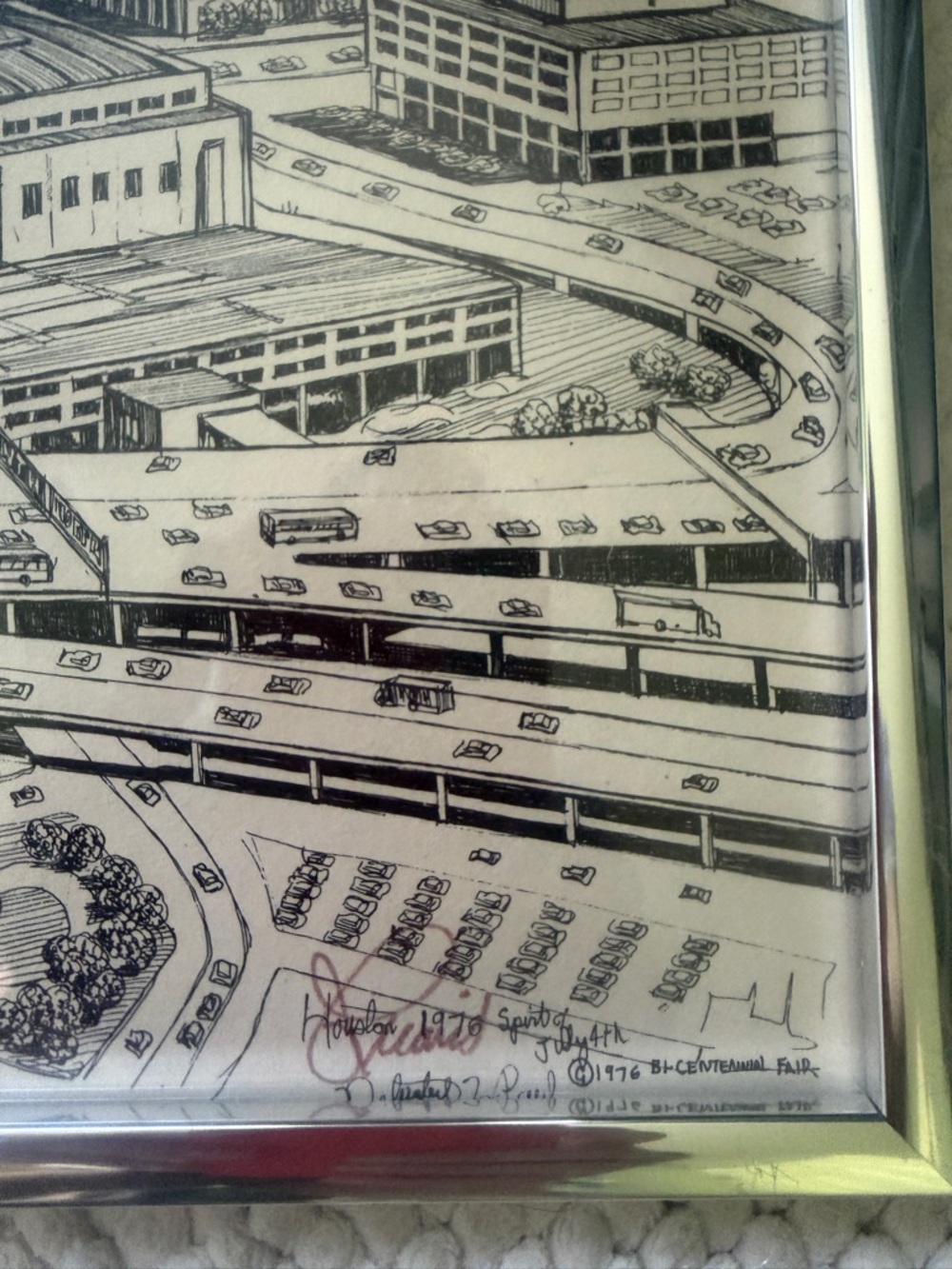 Framed Ink drawing of Houston 1976 Spirit of July 4 Cityscape Wall Art framed - Picture 2 of 10